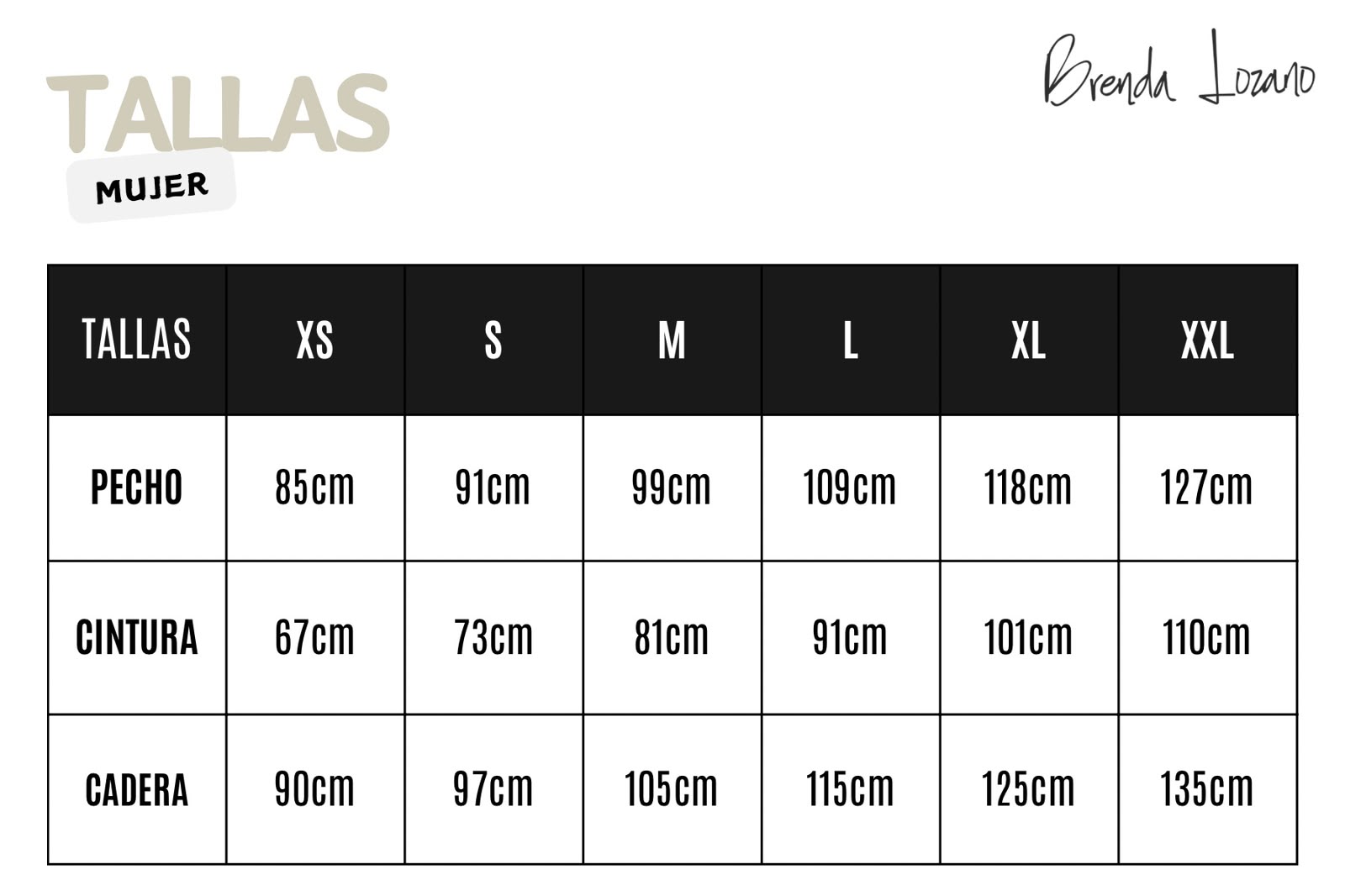 Guía de tallas oficial de Brenda Lozano
